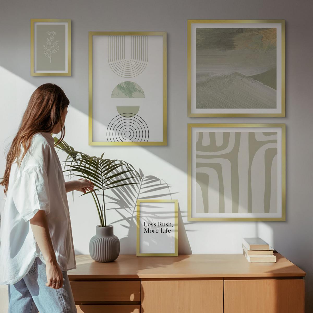 BILDER SET 5er Set - 50x50 cm & 20x30 cm & 40x60 cm Goldrahmen - Geometrische Pflanzenmuster - Goldfarben, Kunststoff (40/60cm) - TULUP