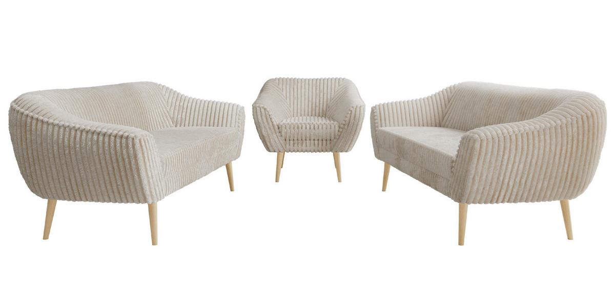 SITZGARNITUR PIRS 3+3+1 - Beige Cord - Holzbeine - Beige/Buchefarben, Holzwerkstoff/Textil (180/75/74cm) - MKS