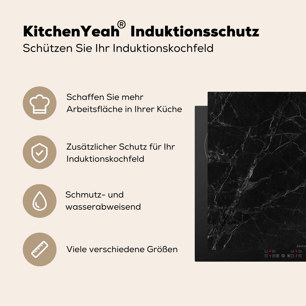 HERDABDECKPLATTE Schwarz - Marmor Herdabdeckung Induktionsfeld 65x52 cm - Schwarz, Kunststoff (65/52/0.2cm) - MuchoWow