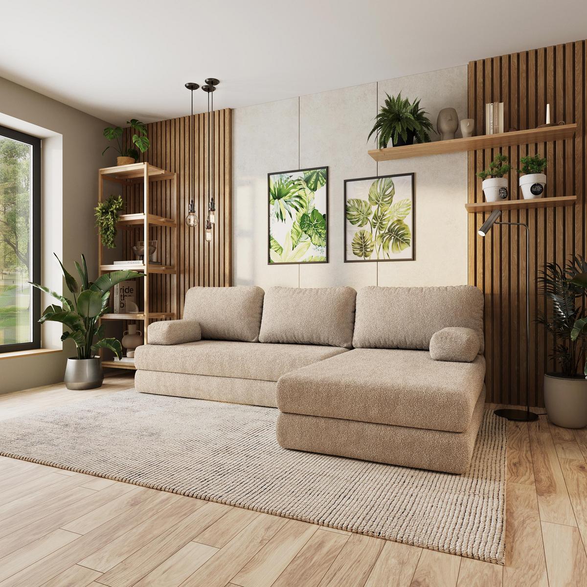 ECKSOFA LEA modulares Boneless Sofa mit Schlaffunktion Beige Boucle-Stoff - Beige, Textil (270/160cm) - MASSENO