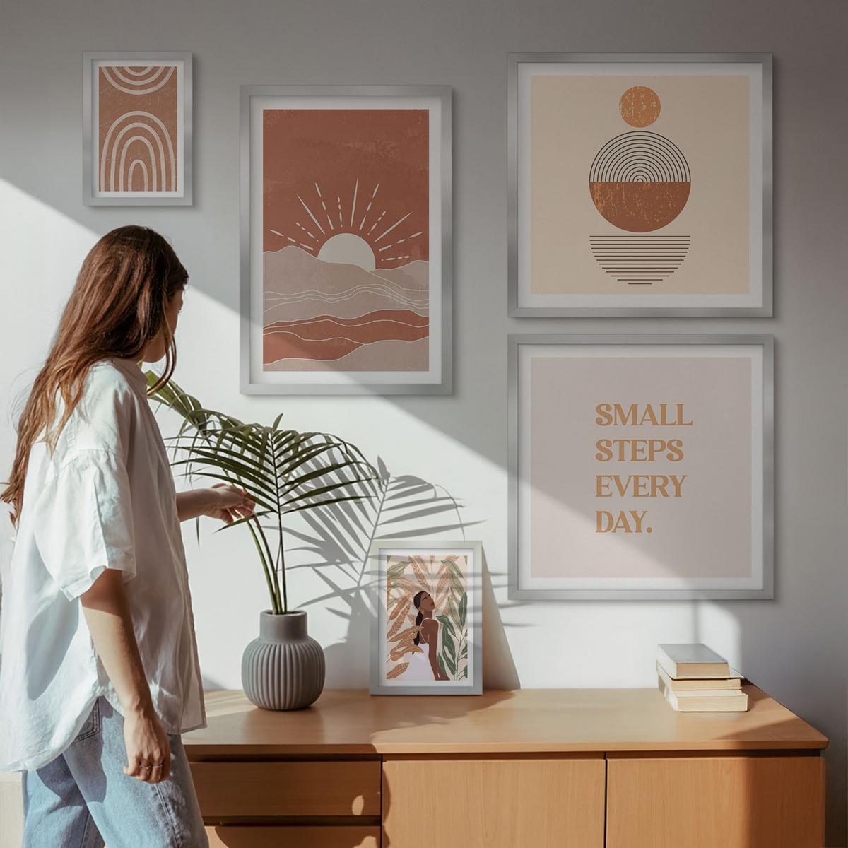 BILDER SET 5er Set - 50x50 cm & 20x30 cm & 40x60 cm Silberner Rahmen - Ein entspannter Buddha am Strand - Silberfarben, Kunststoff (40/60cm) - TULUP
