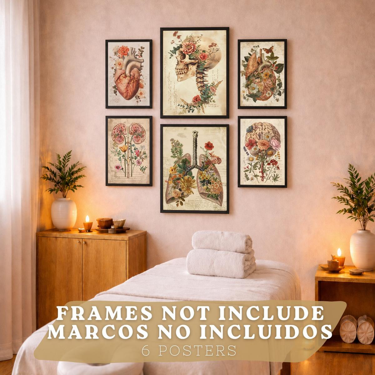 POSTER Set aus 6 Botanische Anatomie Drucke mit Herz Lungen Wirbelsäule Becken und Rippen Beige Terrakotta Erdtöne Florales Design Rahmenlos A3 & A4 - Klar, Papier (29.7/42/3cm) - Nacnic