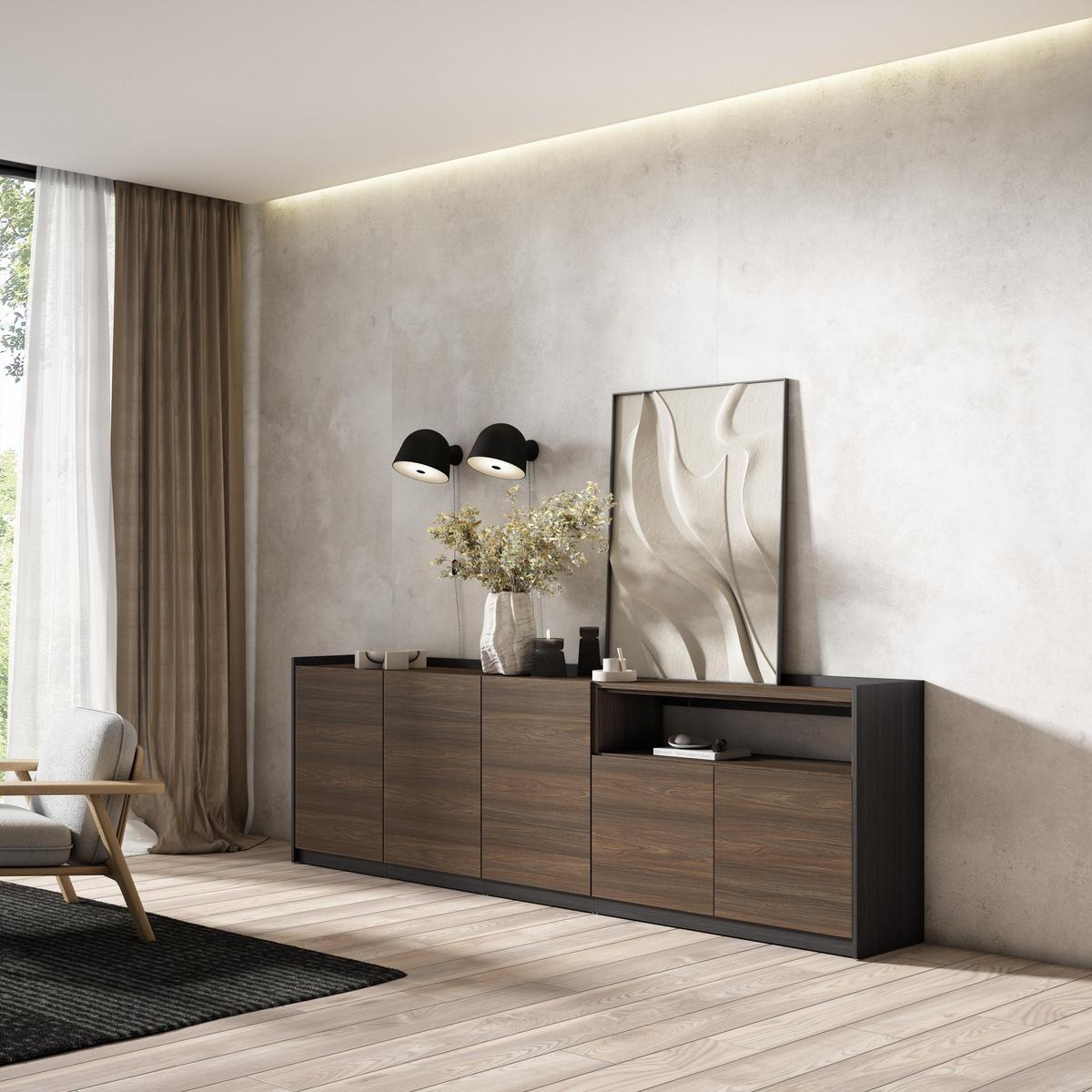 SIDEBOARD, Highboard, Dunkler Eiche und Schwarz, 260/37/80cm - Hellbraun, Holzwerkstoff (260/80/37cm) - Skraut Home
