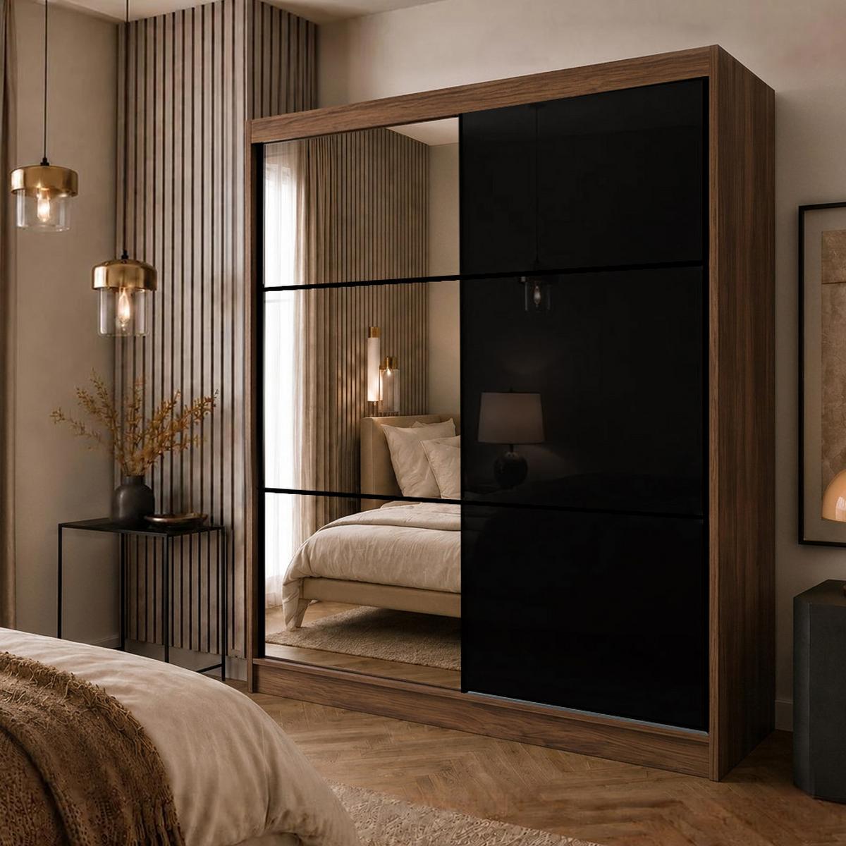 SCHWEBETÜRENSCHRANK Viva II mit Schubladen und Spiegel, mit Lacobel-Glas, 200/216/61 Walnuss - Walnussfarben, Holzwerkstoff (200/216/61cm) - Beautysofa