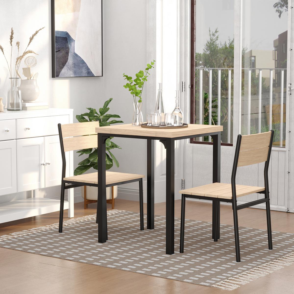 3-TEILIGE Essgruppe Küchentisch mit Metallgestell Esszimmergruppe Sitzgruppe - Naturfarben, Metall (60/76/60cm) - HOMCOM