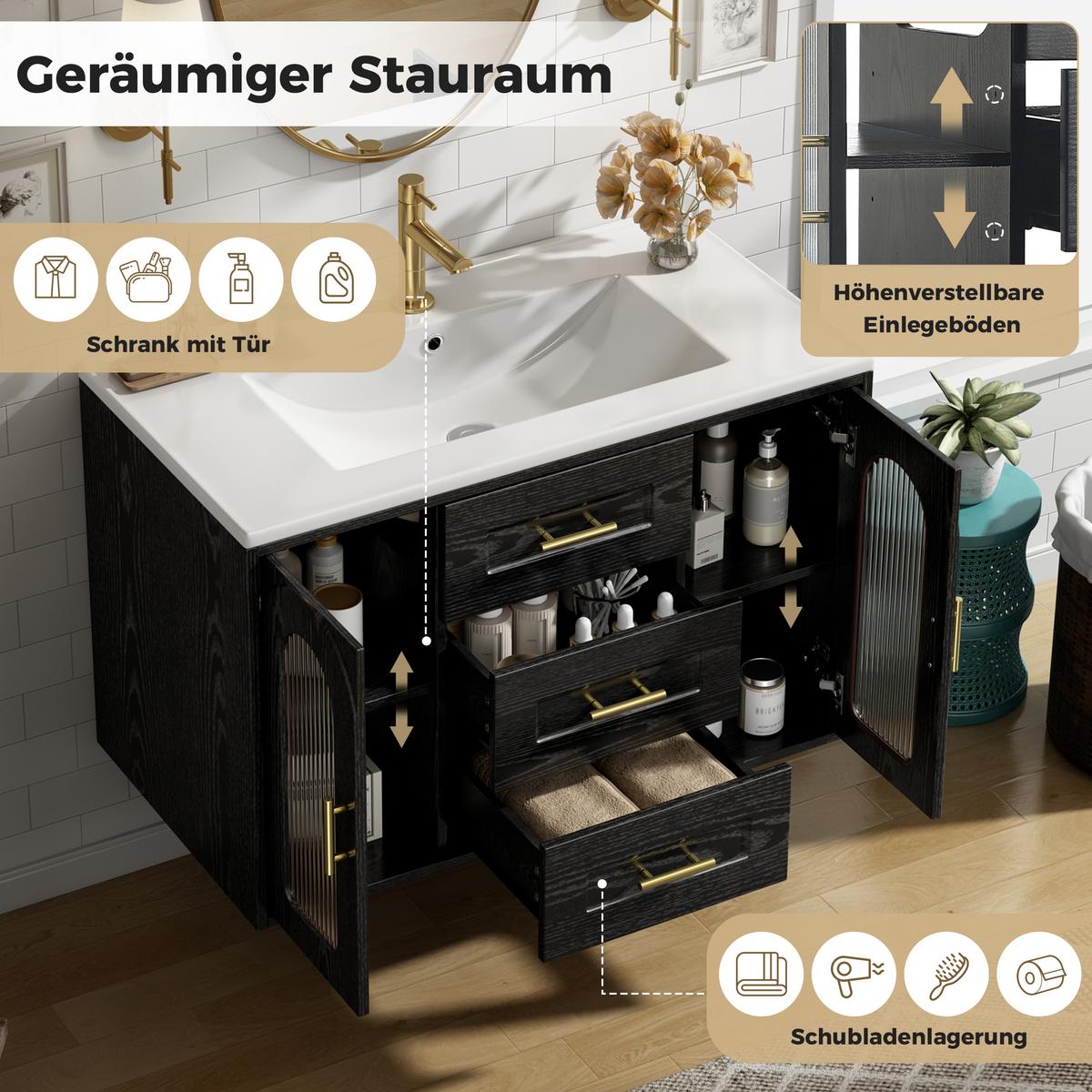 WASCHTISCHUNTERSCHRANK Wandhängend Schwarz mit LED, geriffeltem Glas & Schubladen - Schwarz, Holzwerkstoff (76/55/46cm) - Urban Meuble