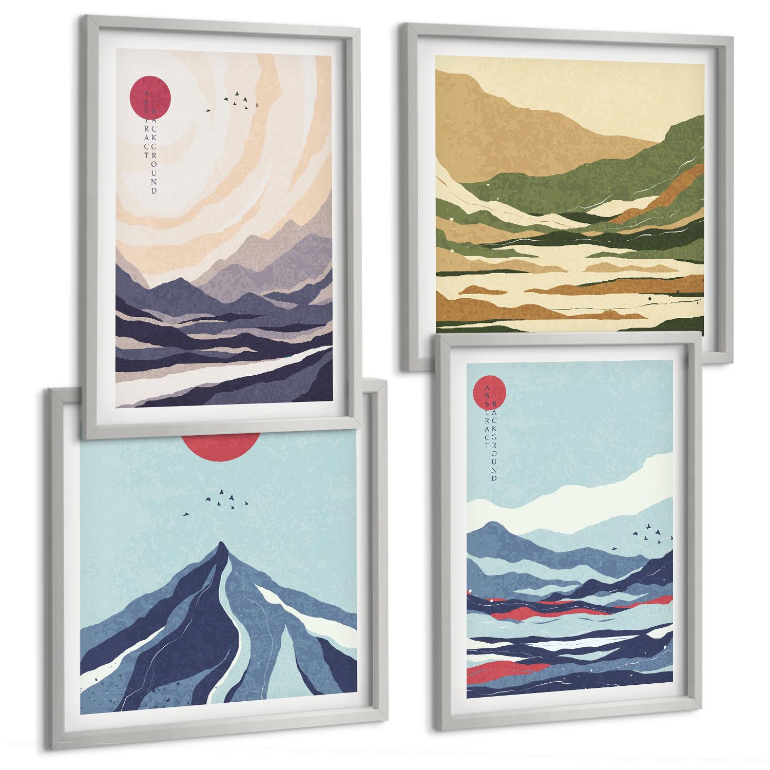 BILDER SET 4er Set - 50x50 cm & 40x60 cm Silberner Rahmen - Abstrakte Berglandschaften - Silberfarben, Kunststoff (50/50cm) - TULUP