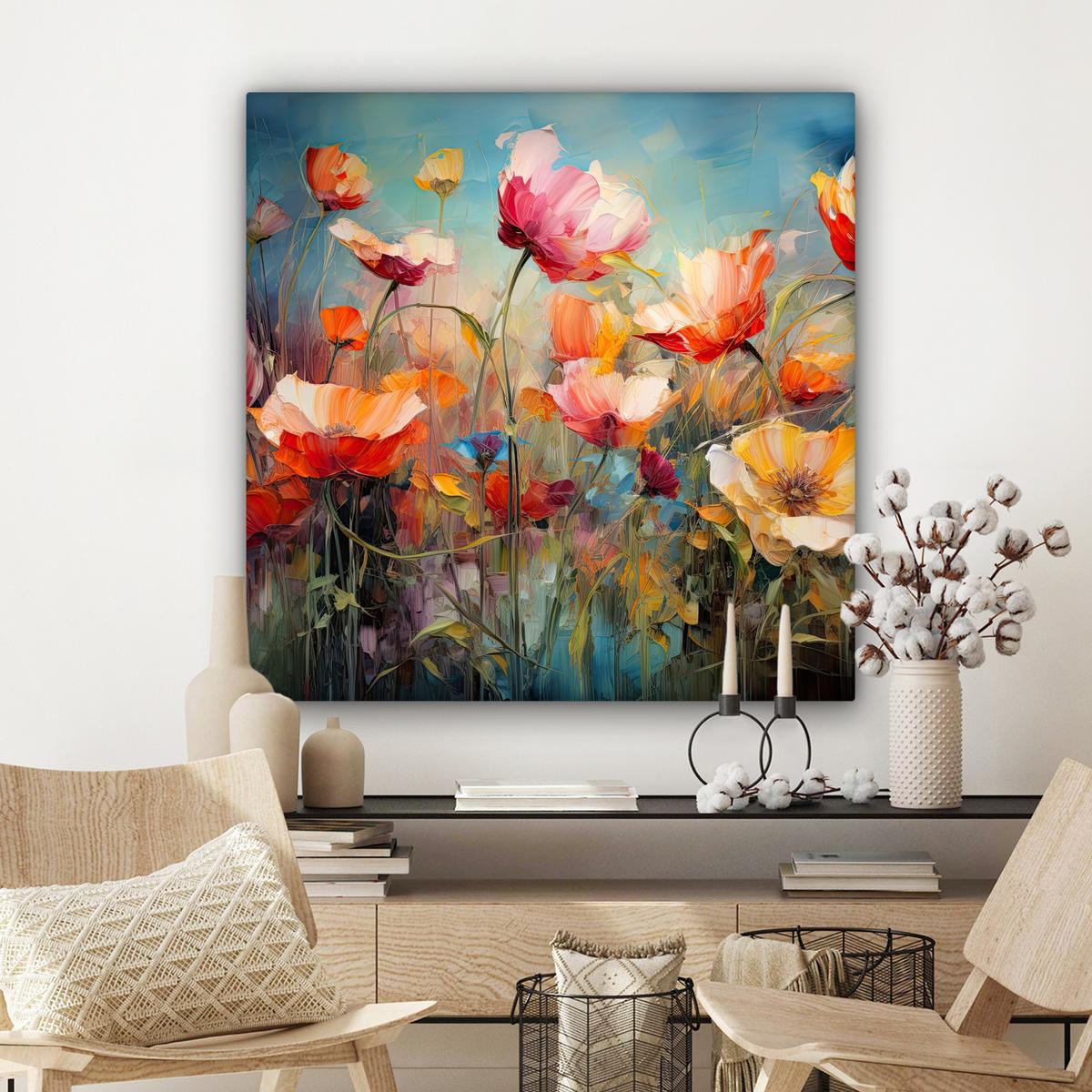 LEINWANDBILD Blumen - Aquarell - Kunst - Botanisch - Natur Deko Groß 90x90 cm - Orange, Textil (90/90cm) - MuchoWow