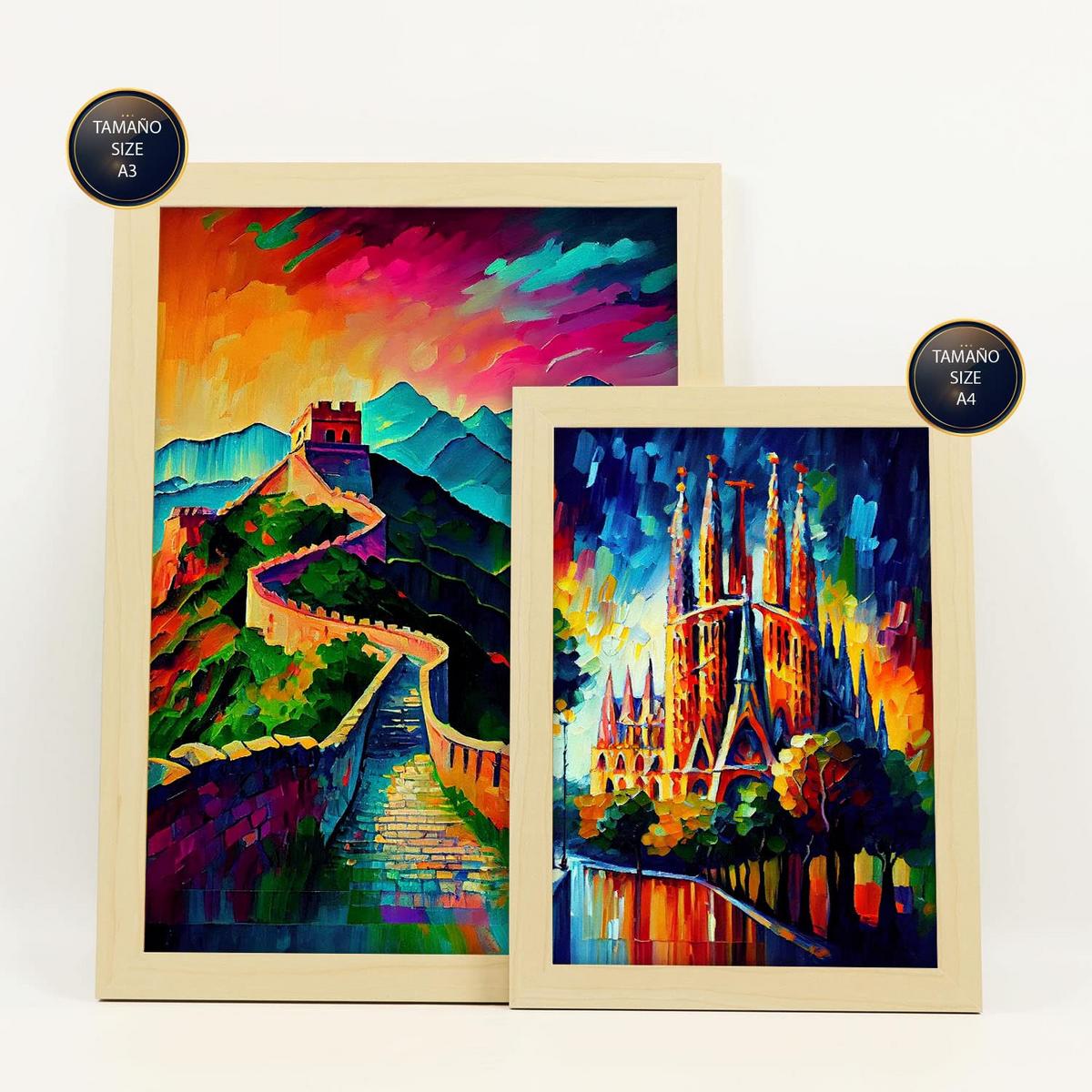 POSTER Set Mit 6 Weg Im Ölgemälde Stil A3 & A4 Rahmen Aus Hellem Holz - Beige, Papier (29/3cm) - Nacnic