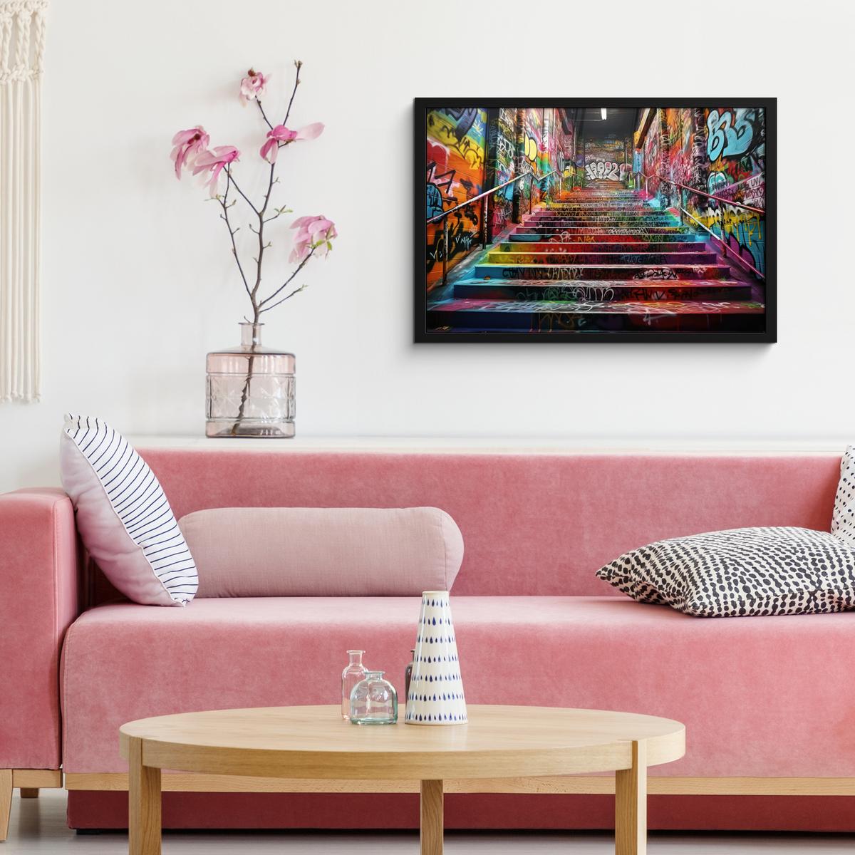 POSTER MIT RAHMENGERAHMTES BILD Treppe - Graffiti - Farben - Kunst 60x40 cm - Multicolor, Papier (60/40cm) - MuchoWow