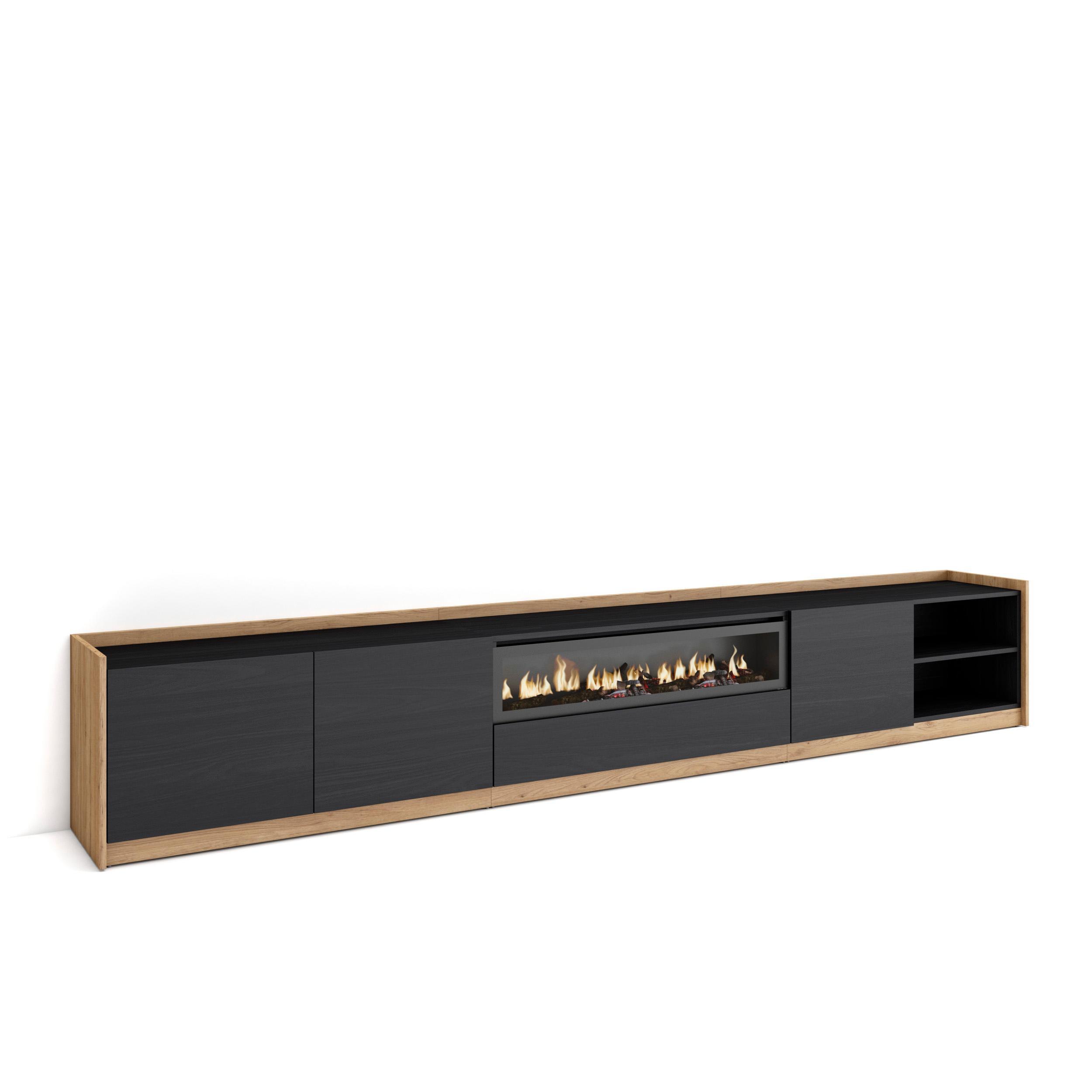 LOWBOARD, Schwarz Eiche, Elektrokamin, 310/37/50cm - Schwarz, Holzwerkstoff (310/50/37cm) - Skraut Home