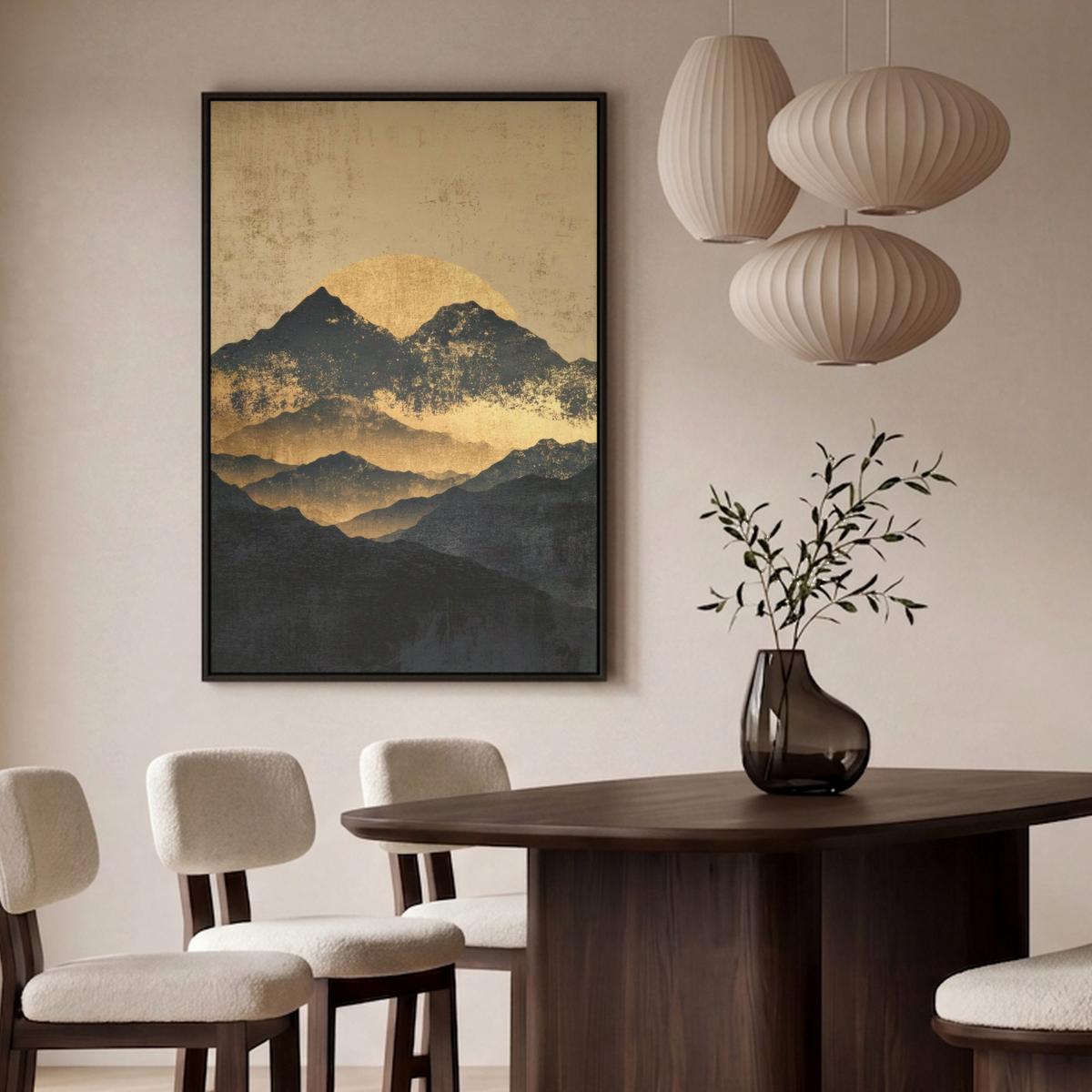 LEINWAND Bilder mit Rahmen - Goldene Berge bei Mondschein - 100x150 - Goldfarben, Textil (100/150cm) - MuchoWow