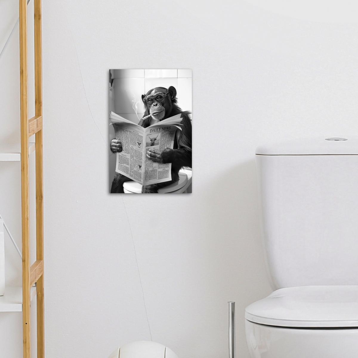 LEINWANDBILD Affe - WC - Zeitung - Schwarz-Weiß - Humor Deko Wohnzimmer 20x30 cm - Hellgrau, Textil (20/30cm) - MuchoWow
