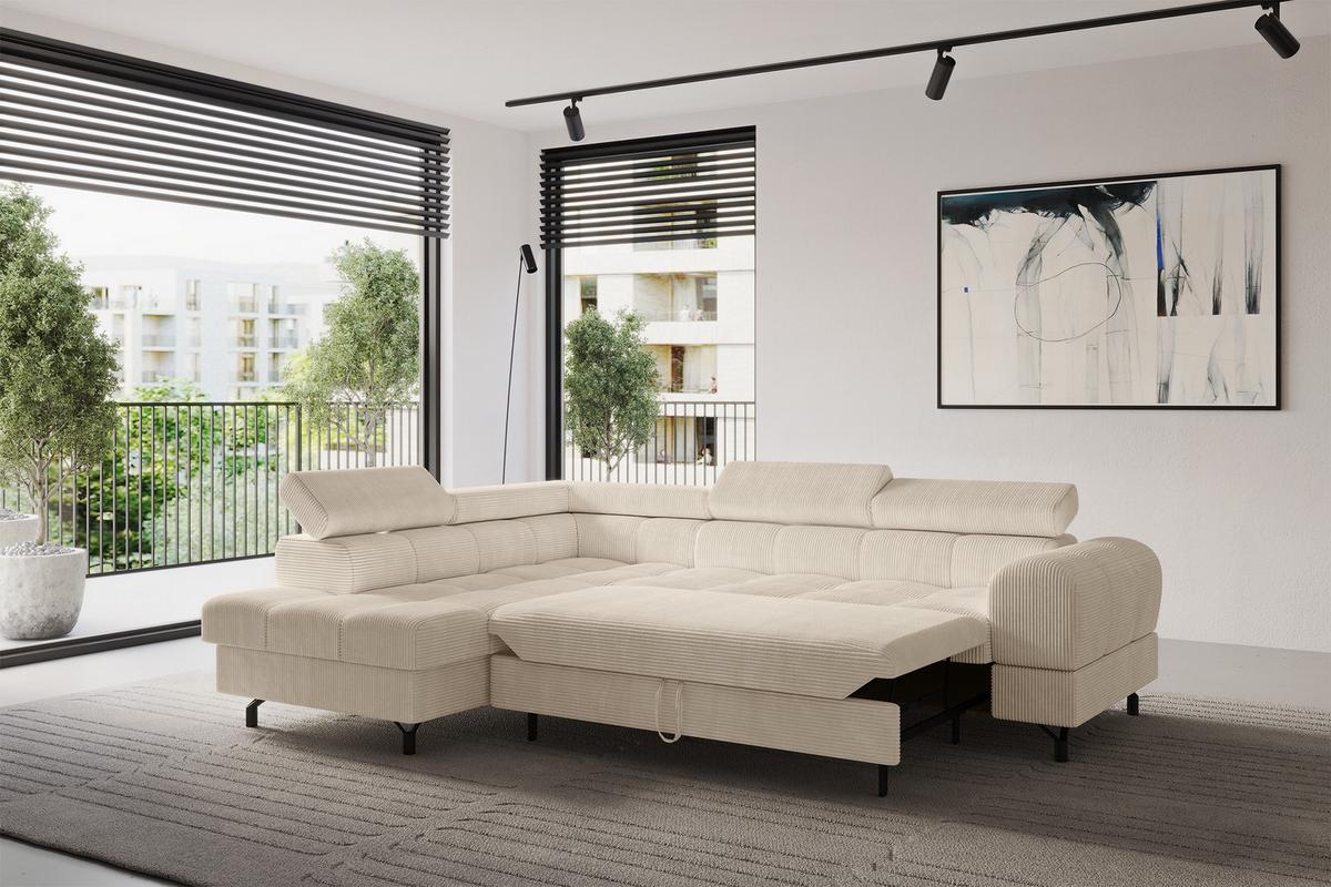 ECKSOFA mit Schlaffunktion Ottomane Links LUMA-L 272x203x70 Beige Cord - Beige/Schwarz, Holzwerkstoff/Kunststoff (272/203cm) - ALTDECOR