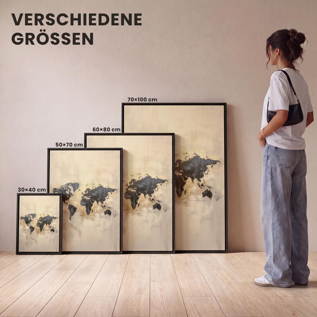 LEINWAND Bilder mit Rahmen - Weltkarte - Gold - Schwarz - Abstrakt - 50x70 - Kupferfarben, Textil (50/70cm) - MuchoWow