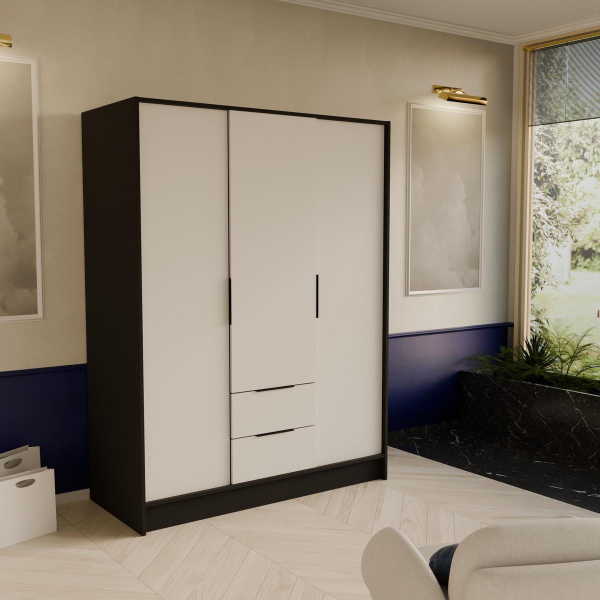 DREHTÜRENSCHRANK CAVA 150,5/200/51 cm Modern Kleiderschrank 3-türig Schwarz - Schwarz/Weiß, Holzwerkstoff (150.5/200/51cm) - MASSENO