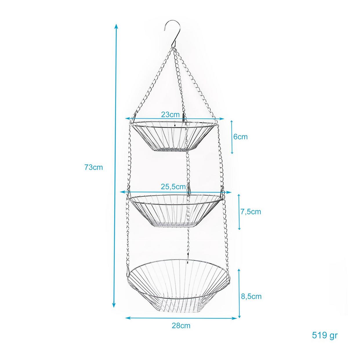 KÜCHENAMPEL Obstkorb 22.5 / 25.5 / 28 x 73 cm - Silberfarben, Metall (28/73/28cm) - Intirilife