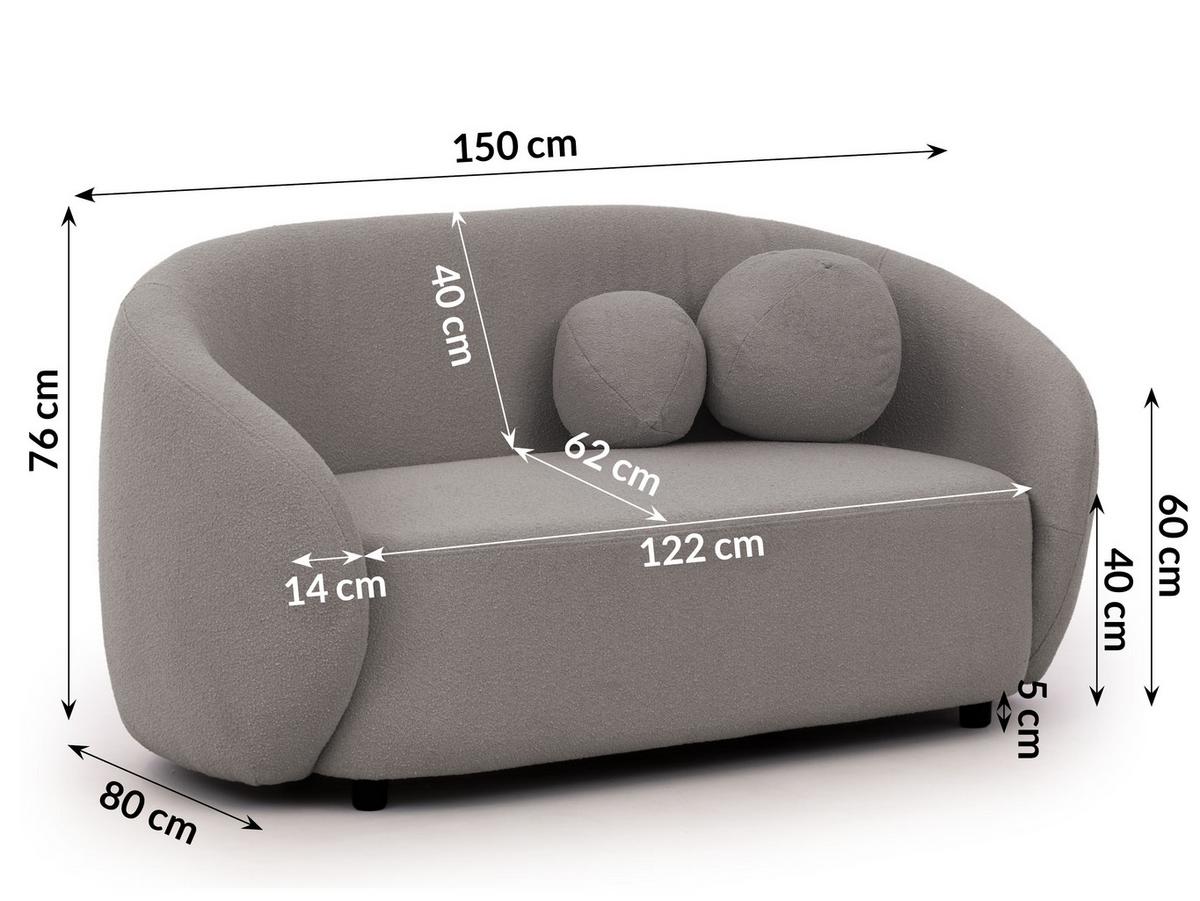 2-SITZER-SOFA Roundi Grau Bouclé - Schwarz/Grau, Holz/Kunststoff (150/76/80cm) - S-Style Möbel
