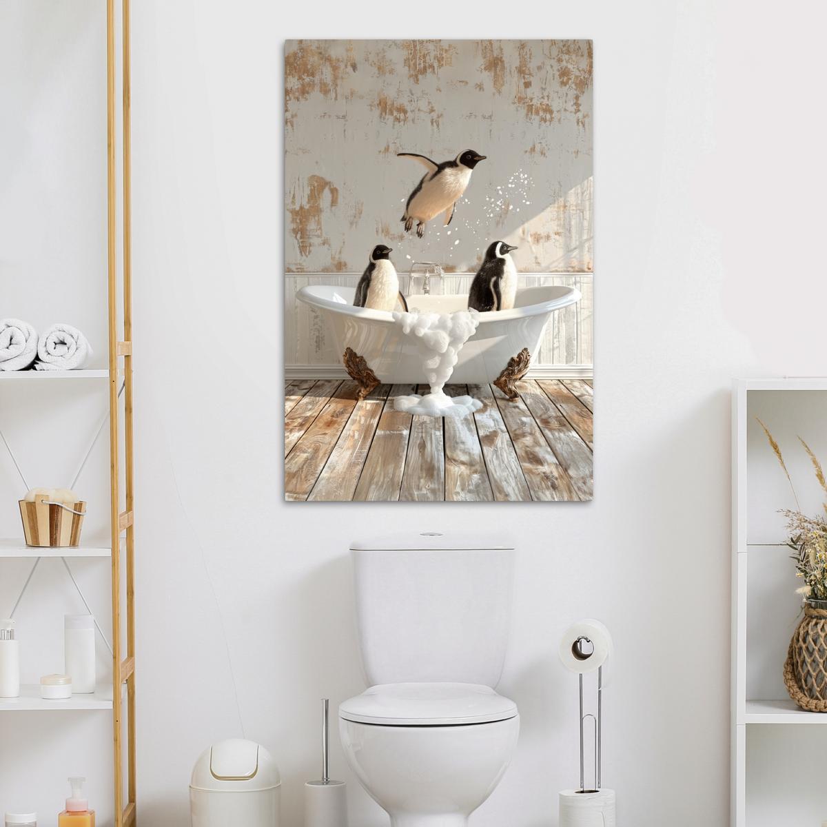 LEINWANDBILD Vintage - Pinguin - Badewanne - Schaumstoff Deko XXL 80x120 cm - Schwarz, Textil (80/120cm) - MuchoWow