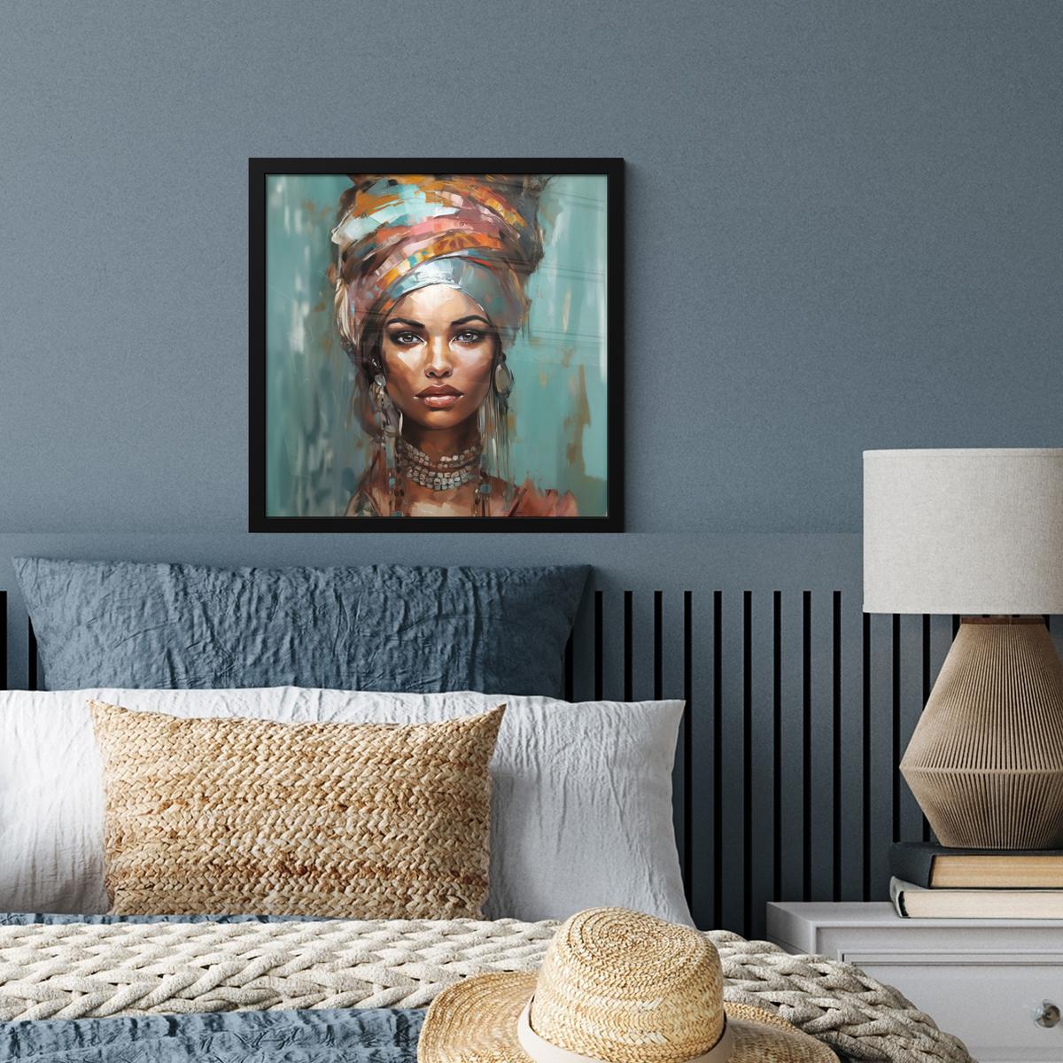 POSTER MIT RAHMENGERAHMTES BILD Frau - Kunst - Schmuck - Porträt 40x40 cm - Blaugrau, Papier (40/40cm) - MuchoWow