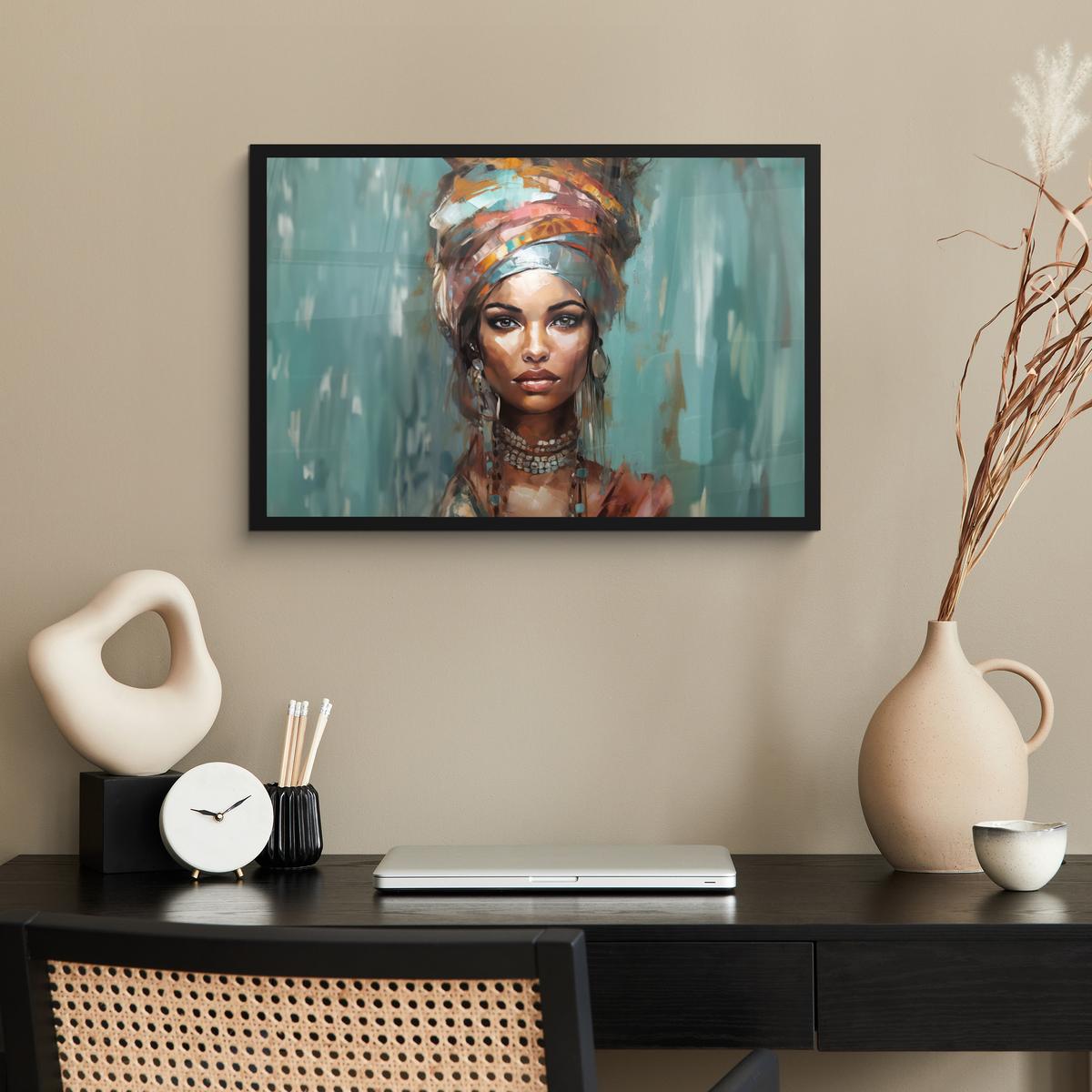 POSTER MIT RAHMENGERAHMTES BILD Frau - Kunst - Schmuck - Porträt 60x40 cm - Blaugrau, Papier (60/40cm) - MuchoWow
