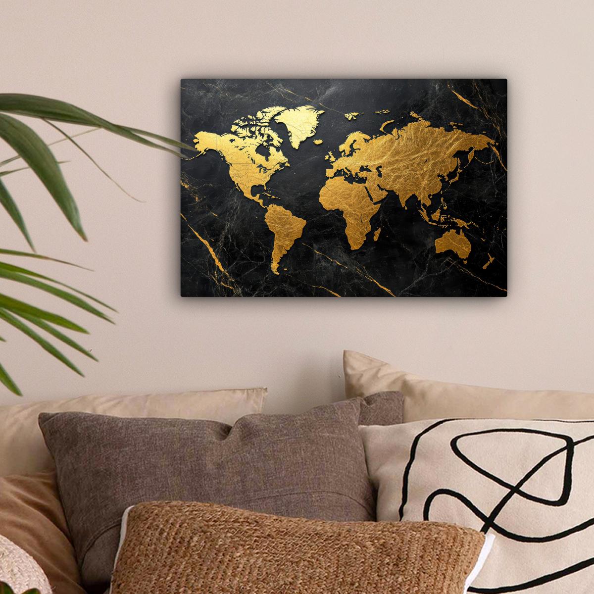 LEINWANDBILD Weltkarte - Gold - Marmor Deko Schlafzimmer 30x20 cm - Goldfarben, Textil (30/20cm) - MuchoWow