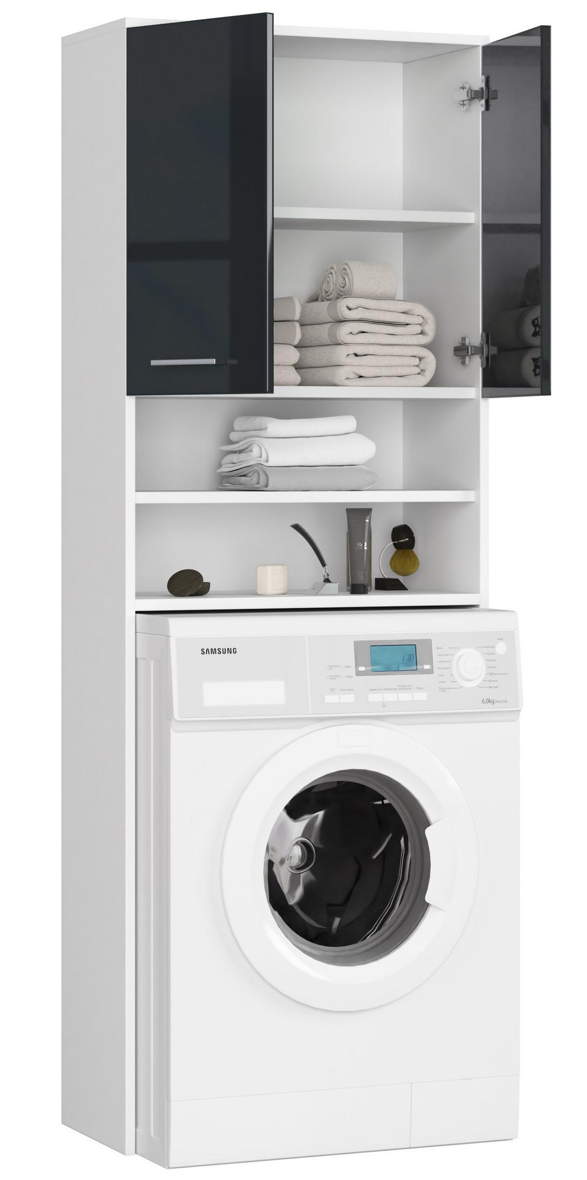 WASCHMASCHINENUMBAUSCHRANK mit zwei Türen, 64 × 30 × 190 cm Weiß, Grau - Schwarz Hochglanz/Silberfarben, Holzwerkstoff/Metall (64/180/30cm) - RAUMHIRSCH FURNITURE