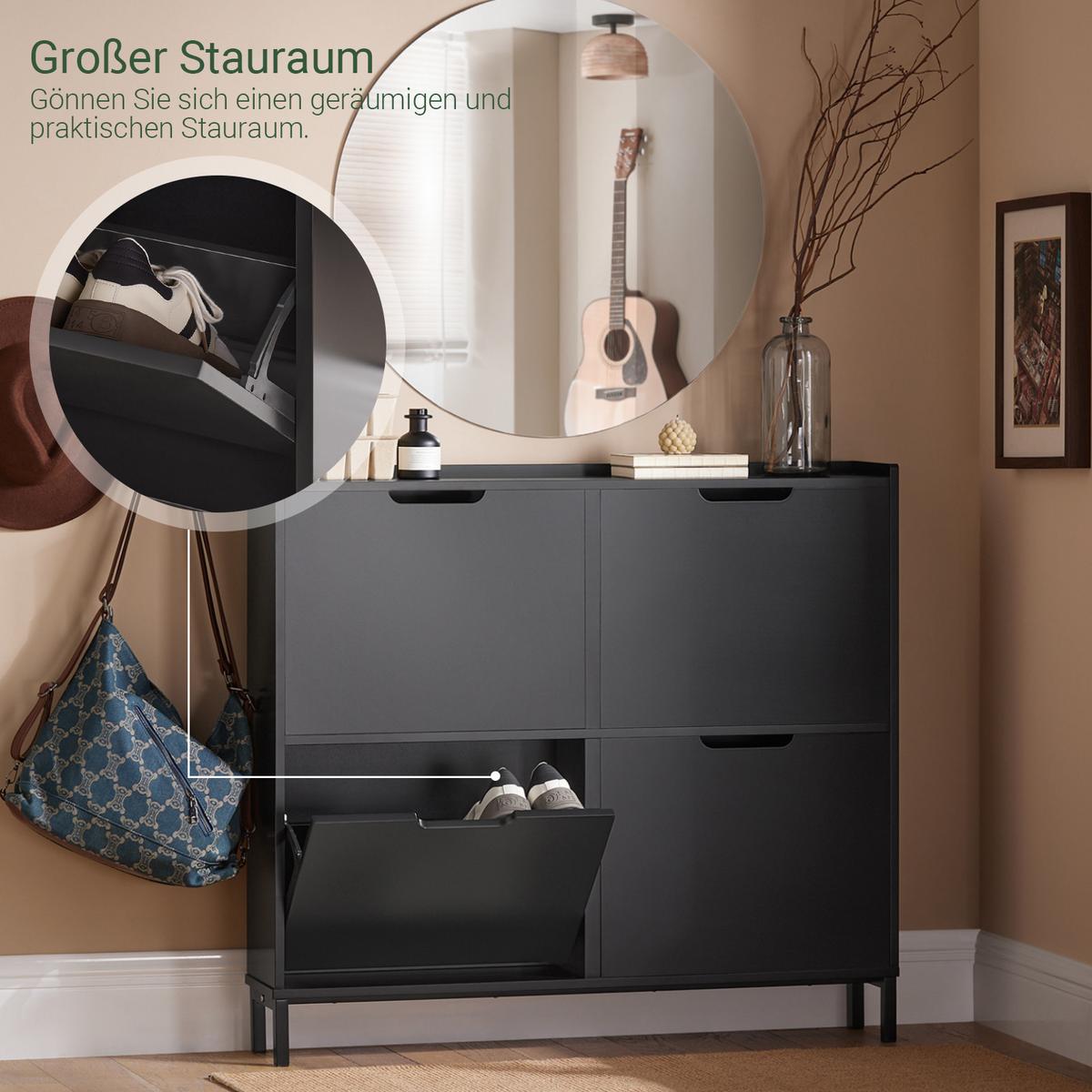 SCHUHKIPPER mit 4 Klappen, Schuhschrank schmal, 100x91x19cm Schwarz - Schwarz, Holzwerkstoff/Metall (100/91/19cm) - SoBuy