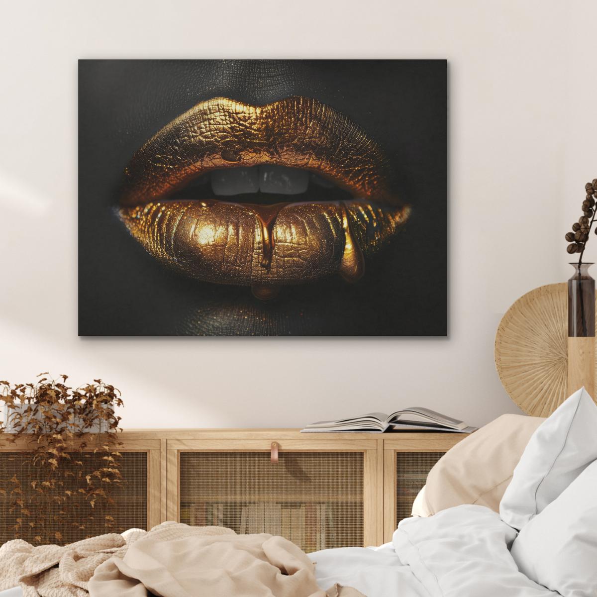 AKUSTIKBILD Frau - Porträt - Lippen - Gold - Schwarz Gemälde 80x60 cm - Schwarz, Kunststoff (80/60/0.9cm) - MuchoWow