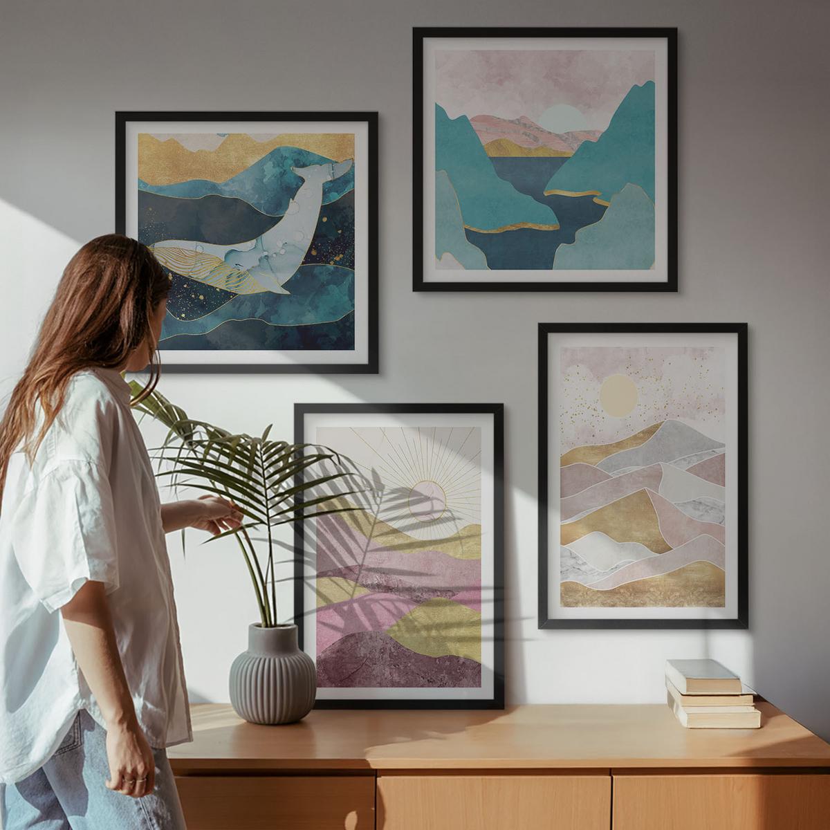 BILDER SET 4er Set - 50x50 cm & 40x60 cm Schwarzer Rahmen - Abstrakte Berge Sonne - Schwarz, Kunststoff (50/50cm) - TULUP