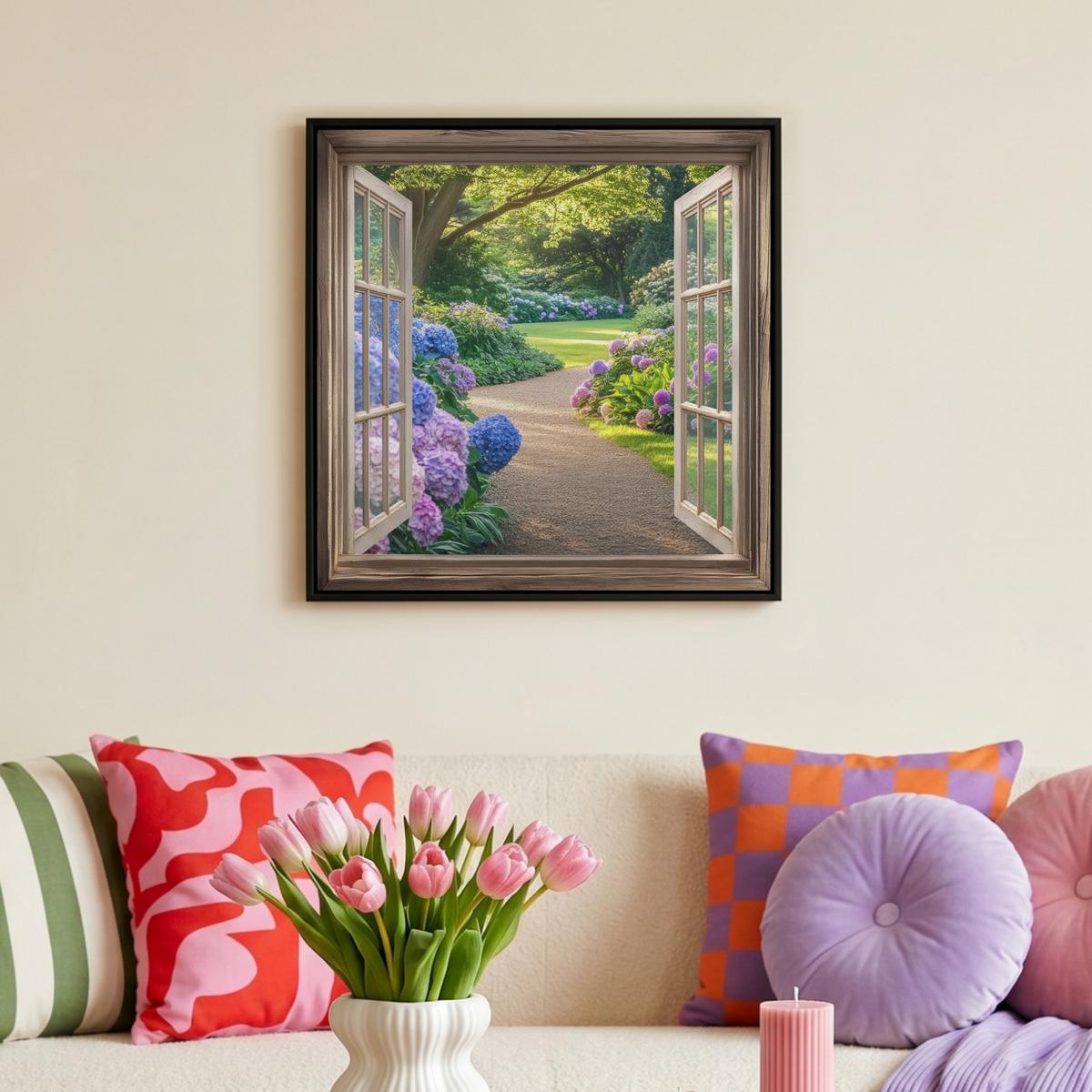 LEINWAND Bilder mit Rahmen - Aussicht - Garten - Fenster - Hortensie - Blumen - 50x50 - Pastellblau, Textil (50/50cm) - MuchoWow