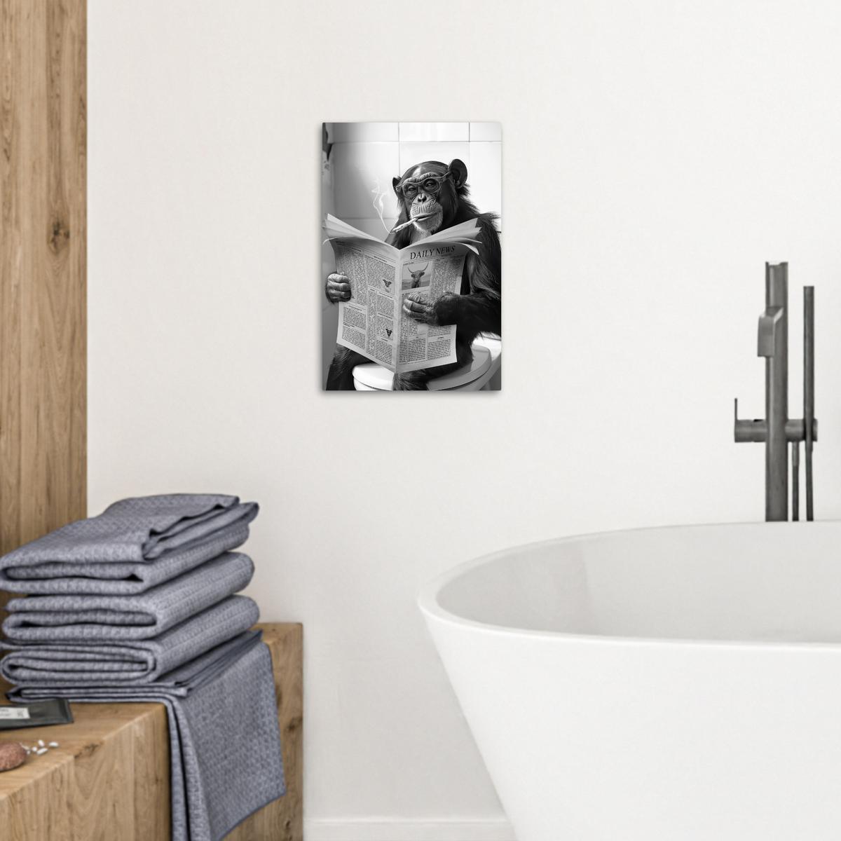 LEINWANDBILD Affe - WC - Zeitung - Schwarz-Weiß - Humor Deko Wohnzimmer 20x30 cm - Hellgrau, Textil (20/30cm) - MuchoWow