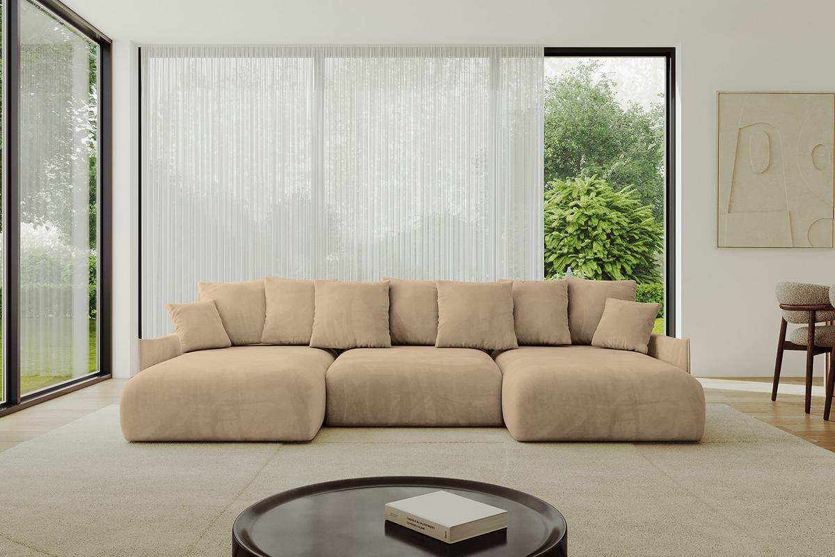 WOHNLANDSCHAFT mit Schlaffunktion und Bettkasten ONESK-U-v1 317x177x72 Beige Velours - Beige, Holzwerkstoff/Kunststoff (317/72/177cm) - ALTDECOR
