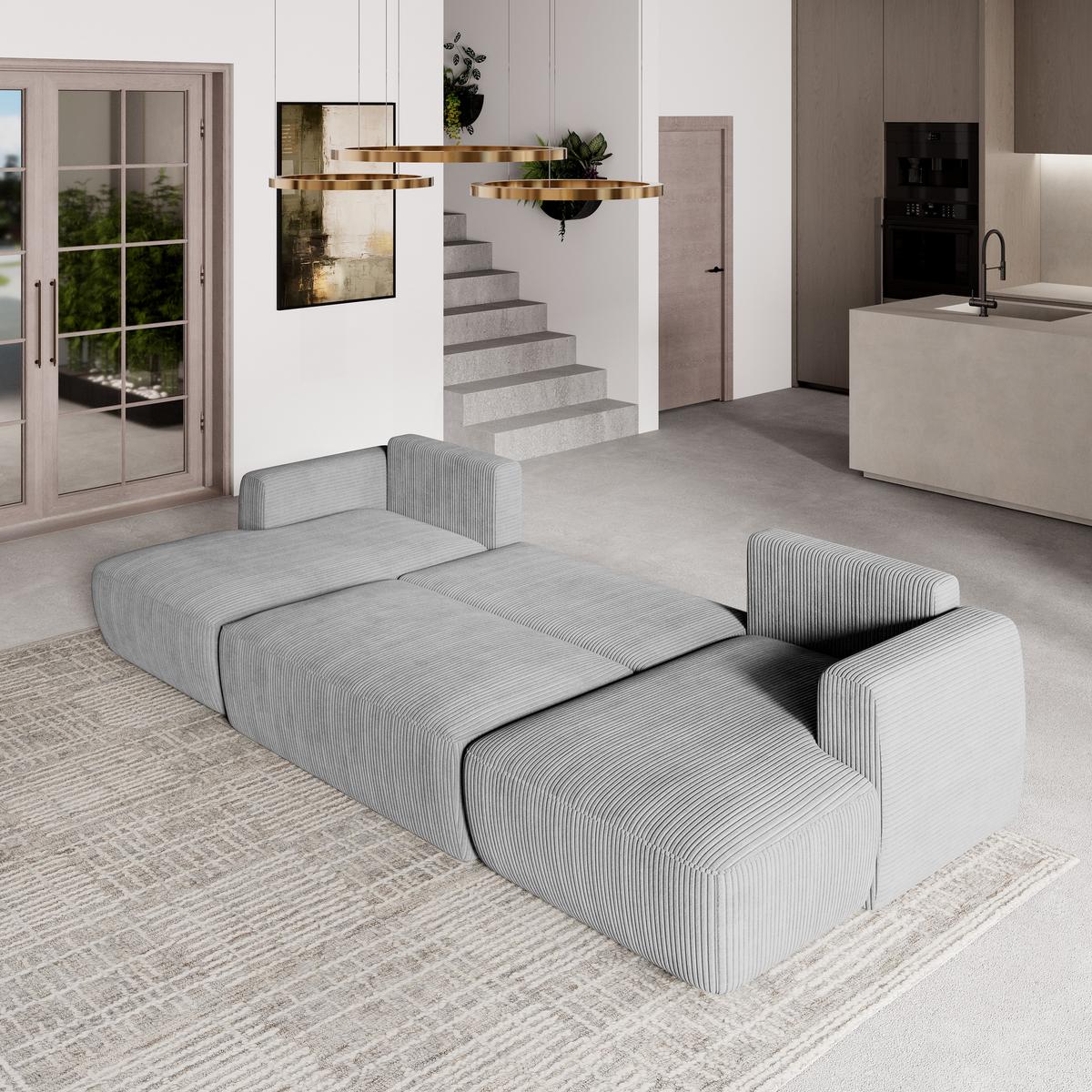 WOHNLANDSCHAFT SENTUM P Hellgrau Kordstoff mit Schlaffunktion - Hellgrau/Schwarz, Holz/Kunststoff (330/90/148cm) - MASSENO