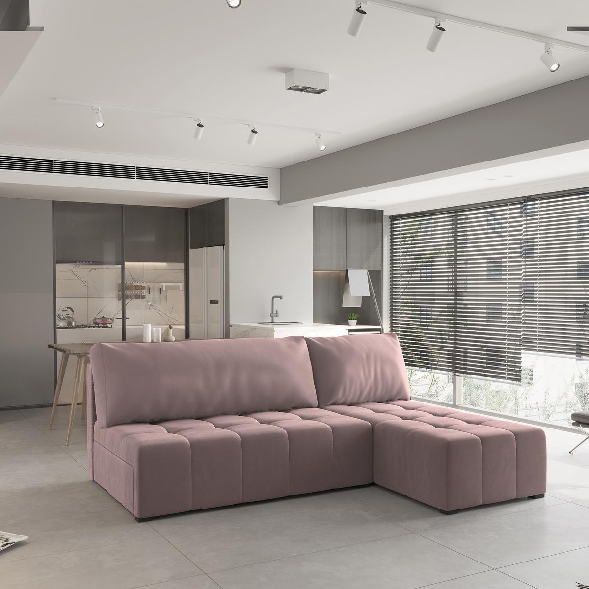 ECKSOFA DOMIRA Rosa Plüsch-Stoff mit Schlaffunktion - Rosa, Holz (200/141cm) - MASSENO