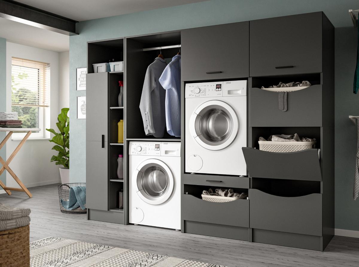 WASCHMASCHINENSCHRANK grau Set 4-teilig 242 x 196 cm, XXXL mit viel Stauraum - Schwarz/Grau, Holzwerkstoff/Kunststoff (242/196/68cm) - Inn.Furn