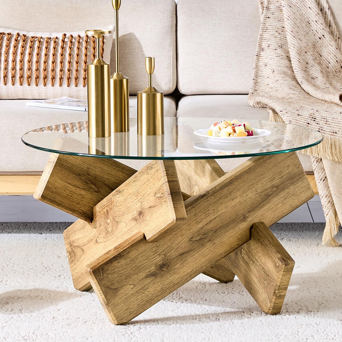COUCHTISCH glas holzoptik kreuzgestell design - Wildeiche, Holzwerkstoff (79/79/45cm) - Urban Meuble