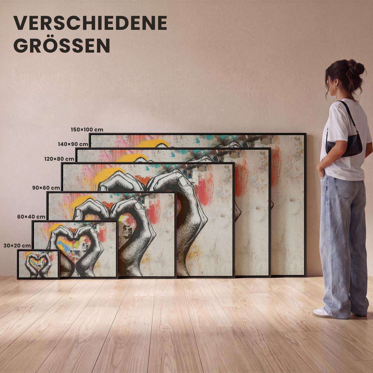 LEINWAND Bilder mit Rahmen - Hände - Herz - Straßenkunst - Graffiti - 90x60 - Multicolor, Textil (90/60cm) - MuchoWow