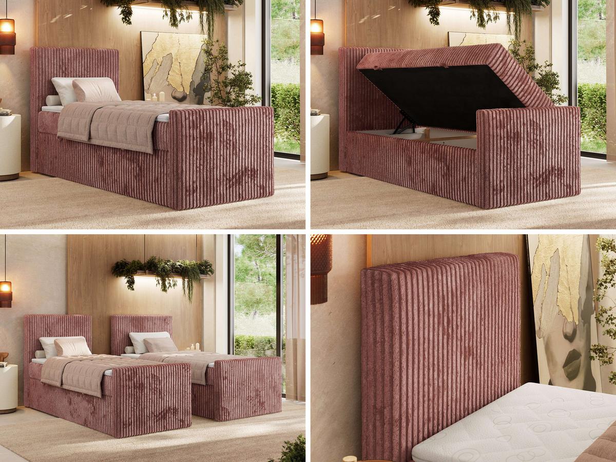 BOXBETT TILIANO DUO 90/200 - Rosa Cord - H4 - Topper Visco - Links Seite - Rosa, Textil (200/90cm) - MKS