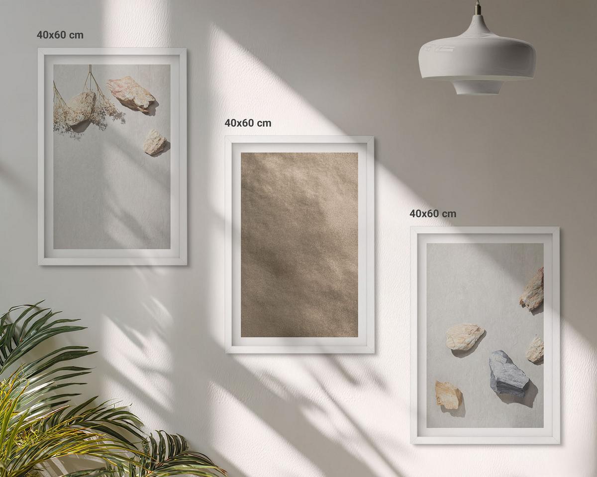 BILDER SET 3er Set - 40x60 cm Weißer Rahmen - Steine Strand natürliche Strukturen - Weiß, Kunststoff (40/60cm) - TULUP