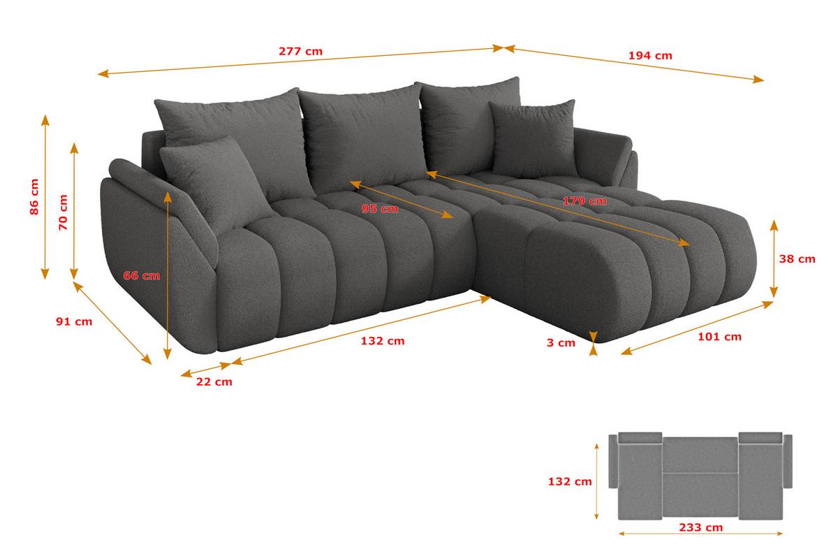 ECKSOFA mit Schlaffunktion Ottomane Rechts TOKO-L-v1 277x194x86 Grau Bouclé - Schieferfarben/Schwarz, Holzwerkstoff/Kunststoff (277/194cm) - ALTDECOR