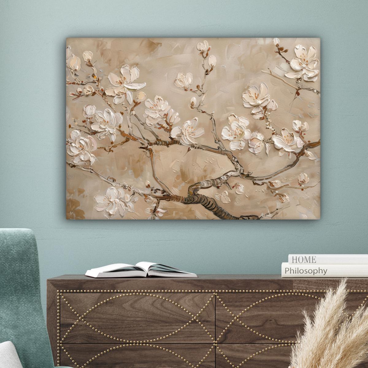 LEINWANDBILD Blumen - Modern - Beige - Weiß - Blüte Wandbilder 80x60 cm - Beige, Textil (80/60cm) - MuchoWow