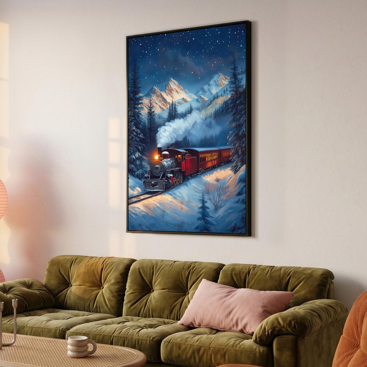 LEINWAND Bilder mit Rahmen - Zug - Weihnachten - Schnee - Weihnachtszug - 100x150 - Anthrazit, Textil (100/150cm) - MuchoWow