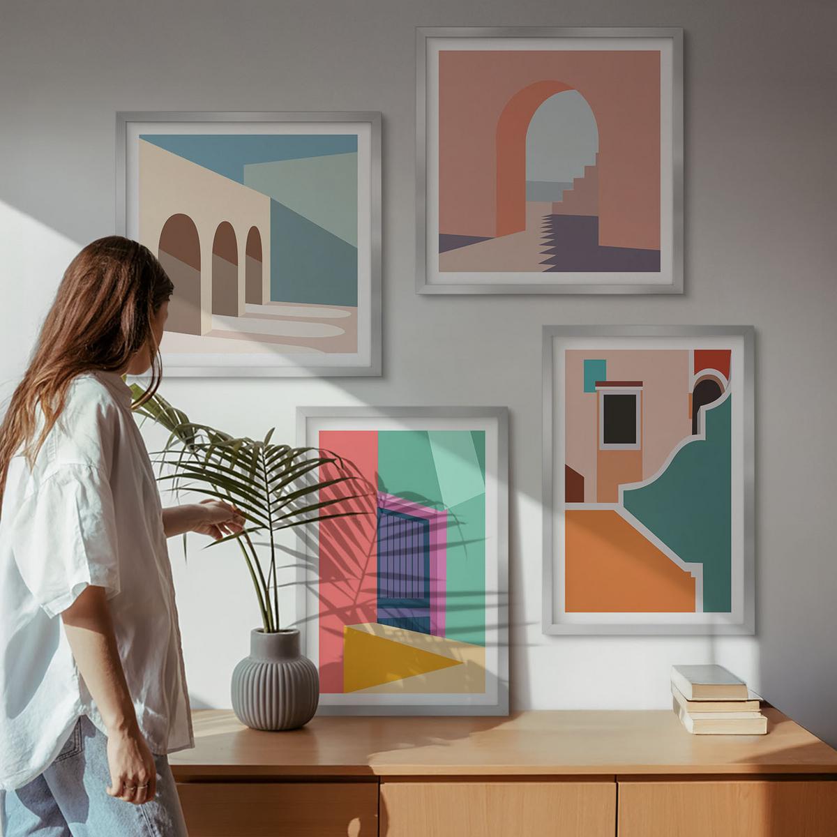BILDER SET 4er Set - 50x50 cm & 40x60 cm Silberner Rahmen - Farbenfrohe Illustrationen der Stadt - Silberfarben, Kunststoff (50/50cm) - TULUP