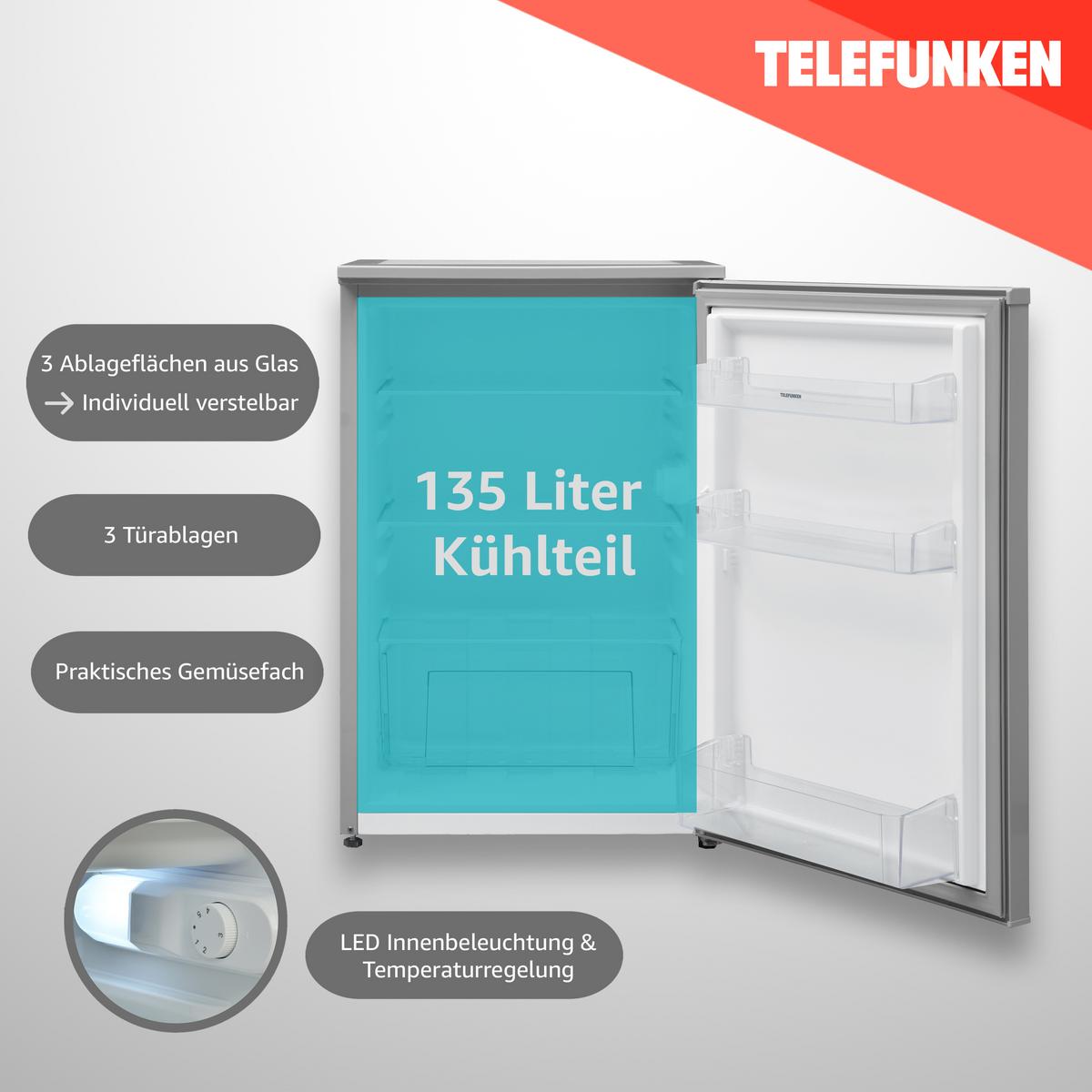 KÜHLSCHRANK ohne Gefrierfach, klein und freistehend, 135 Liter, mit Gemüsefach - Silberfarben, Glas/Kunststoff (54/83.8/59.5cm) - Telefunken