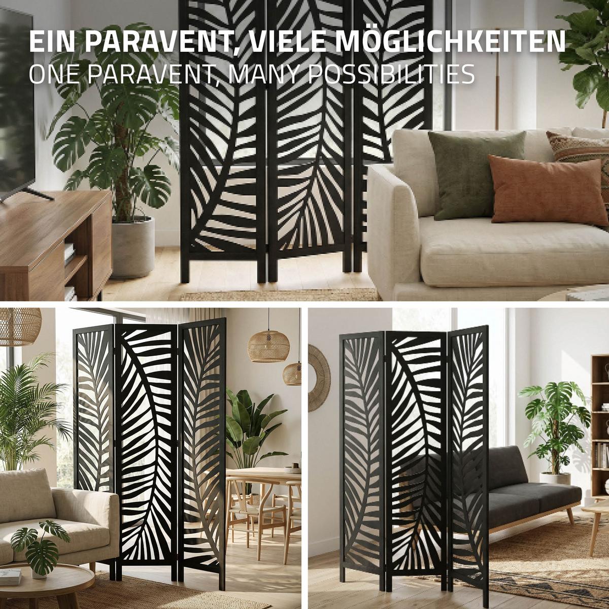 PARAVENT 3 teilig Fukuoka 170x121 cm Schwarz aus Holz - Schwarz, Holz (121/170/2cm) - ML-DESIGN