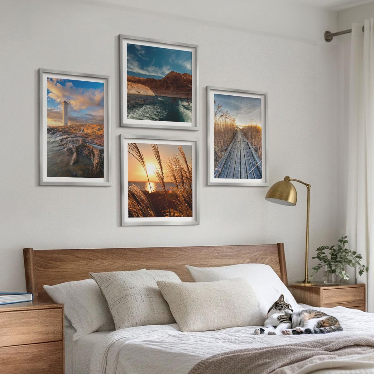 BILDER SET 4er Set - 50x50 cm & 40x60 cm Silberner Rahmen - Leuchtturm-Grassteg - Silberfarben, Kunststoff (50/50cm) - TULUP