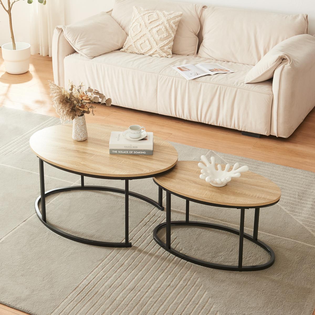 SATZTISCH-SET 2 TLG. Niederlande - Eichefarben/Schwarz, Holzwerkstoff/Metall (90/60/45cm) - [en.casa]