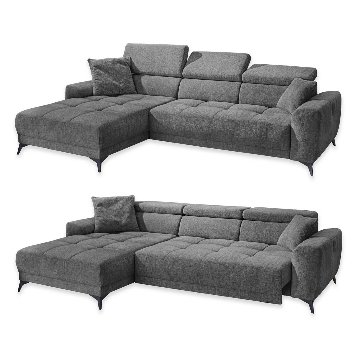 ECKSOFA mit elektrischer Sitztiefenverstellung, Kopflehnen verstellbar, USB-A und USB-C Ladefunktion B299/T200/H107 cm, Chenille Dunkelgrau / 15421 - Dunkelgrau/Schwarz, Holzwerkstoff/Textil (299/200cm) - luma-home
