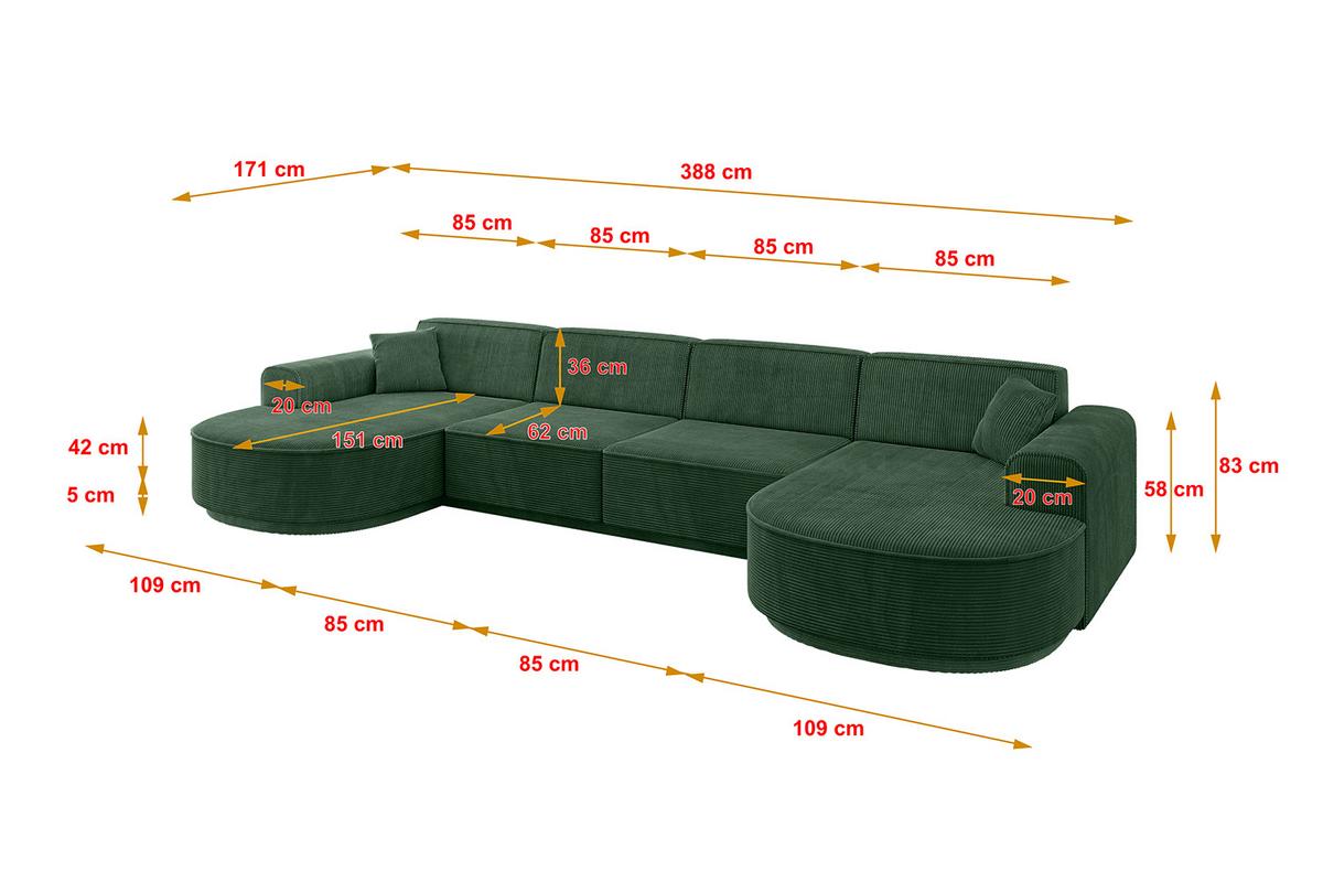 WOHNLANDSCHAFT MARI-U2-v3 - 388x171x83 cm Grün Cord - Schwarz/Grün, Holzwerkstoff/Kunststoff (388/83/171cm) - ALTDECOR